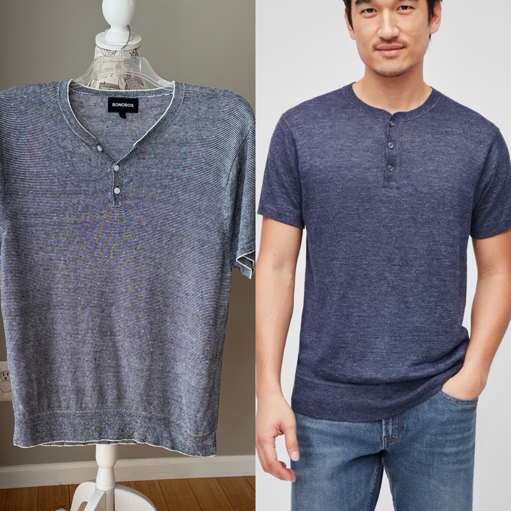 Bonobos Men's Striped Short Sleeve 100% Linen Henley Pullover